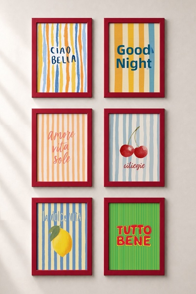 HOMEPACK Set de 6 tablouri înrămate cu citate în limba italiană, cu dungi, po...