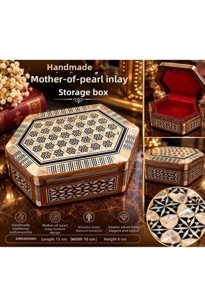 Atak Hediyelik Handmade Wooden Inlaid Hexagonal Jewelry and Gemstone Storage ...