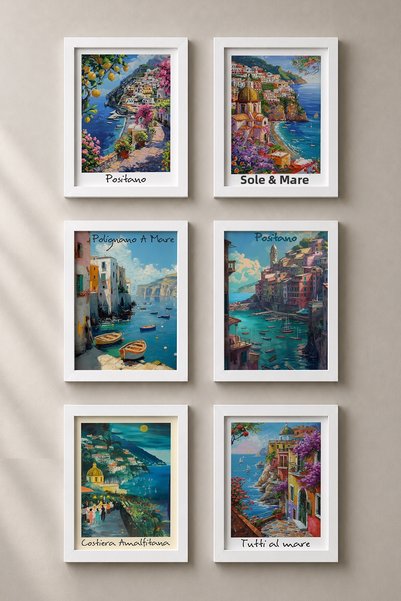 HOMEPACK 6 Piece Oil Painting Coastal Streets Framed Painting Set Italy Poste...