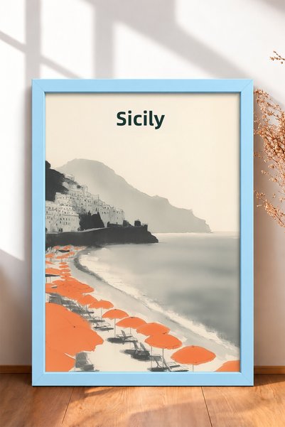 HOMEPACK Orange Umbrellas on the Coast of Sicily Framed Painting Italy Poster...