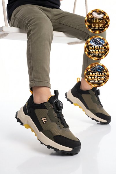 Minicankids Smart Lace-Up Rubber Sole Khaki Boys' Outdoor Trekking Shoes Bs-İ...