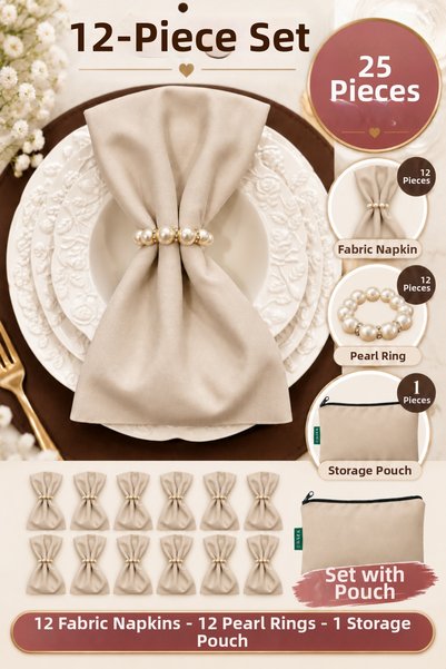 ilmek Beige 12-Piece Fabric Napkin Set 45X45Cm |   25 Pieces with Pearl Ring ...