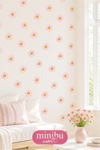 Minibu Craft مجموعة ملصقات حائط حديثة من Pink Minimal Daisy مكونة من 56 قطعة ...