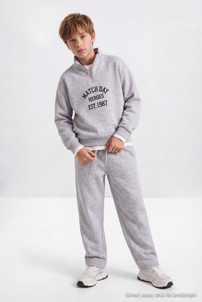 TRENDYOLKIDS Kar Melange Boy's Printed Knitted Half Zipper Bottom - Top Set T...