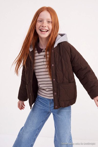 TRENDYOLKIDS Kahverengi Kız Çocuk Düz Kapüşonlu Bomber Mont TKDAW27MO00009