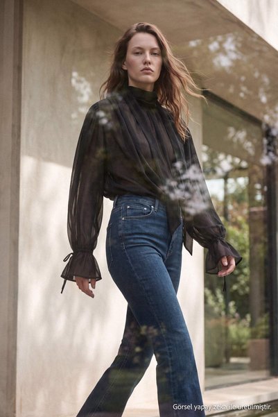 TRENDYOLMİLLA Premium Koyu Mavi Orta Esnek Yüksek Bel Flare Jeans TWOAW27JE00205