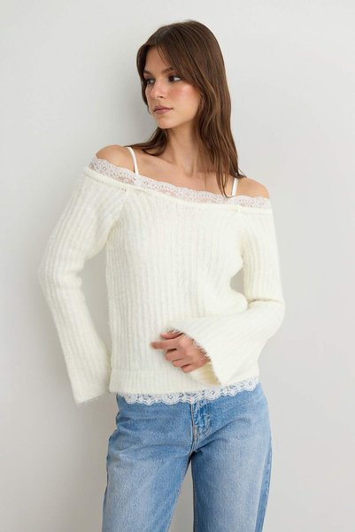 Trendyol Collection سترة تريكو ناعمة مزينة بالدانتيل من إكرو TWOAW27KZ00289
