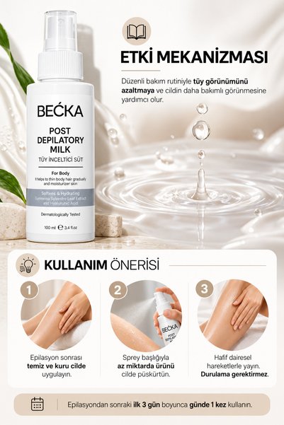 BECKA Tüy Azaltıcı Ve lnceltici Nemlendirici Süt Gymnema Sylvestre & Hyaluronik Asit Özlü 100 ml