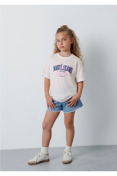 Mavi Logo Baskılı Ekru Tişört Loose Fit / Bol Rahat Kesim 7610486-70057