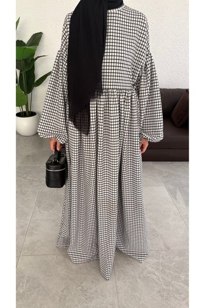 inci wears Black Gingham Patterned Seersucker Fabric Hijab Dress with Waist Tie
