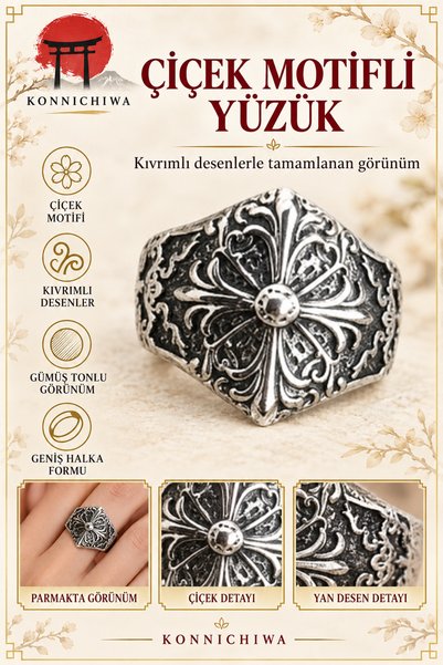 FG KONNİCHİWA Çiçek Motifli İşlemeli Vintage Görünümlü Yüzük