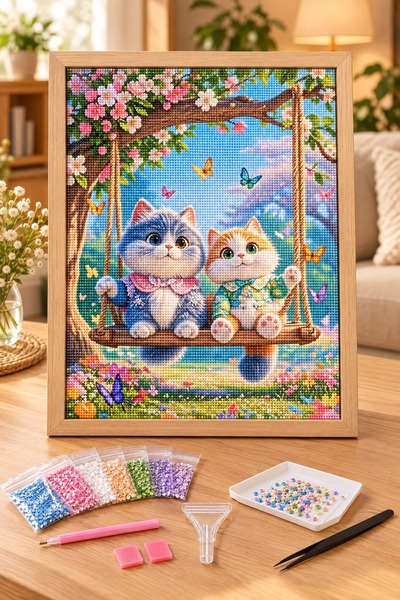 LİVA CRAFT Art & Craft Elmas Boyama Puzzle Kit, Salıncakta İki Sevimli Kedi 2...