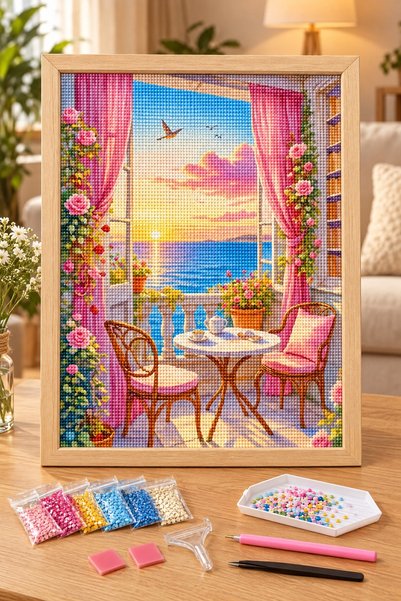 LİVA CRAFT Art & Craft Diamond painting puzzle kit, sunset from a pink curtai...