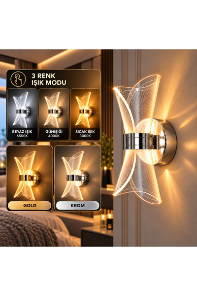 DOLUNAY AVİZE Modern KROM LED Aplik Şeffaf Desenli Dekoratif Duvar Aydınlatması