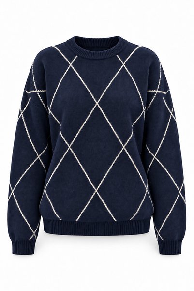 Valiberta Adele Diamond Patterned Crew Neck Women's Knitwear Sweater - Indigo