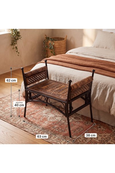 Otantik Çarşı Eskitme Ahşap Ferforje Puf Tabure 63x38x62 cm. KNA248