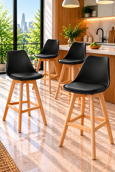 Taimi SET of 4-Wooden Bar Chair with Padded Seat and Comfortable Backrest for...