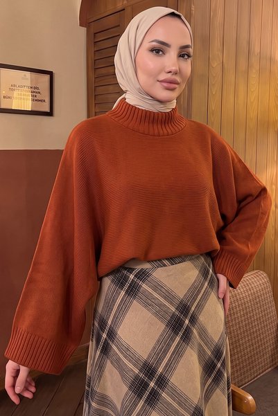 Salih Çelebi Bat Sleeve Knitwear Sweater T2619 - Tile