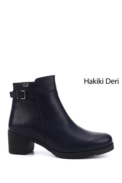 GÖNDERİ(R) Kadın Lacivert Antik Fermuarlı Kalın Topuklu Hakiki Deri Bot