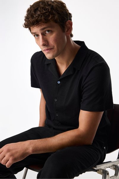 Penti Men's Black City Black Short Sleeve Buttoned Shirt Pants Pajama Set
