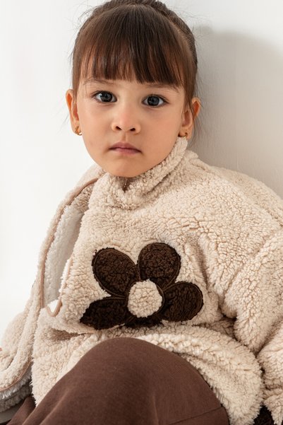 Jikko Baby Girl's Floral Detailed Plush Jacket, Printed Sweatshirt and Wide-L...
