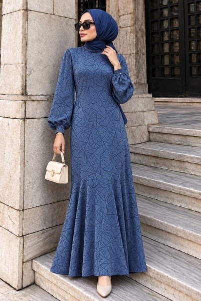 N.S NEVA STYLE Patterned Indigo Blue Hijab Satin Dress 4457Im