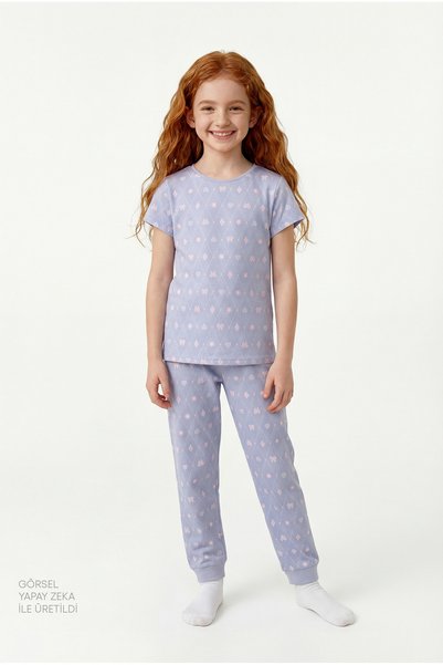 Penti Girl's Lilac Diamond Short Sleeve 2-Piece Pajama Set