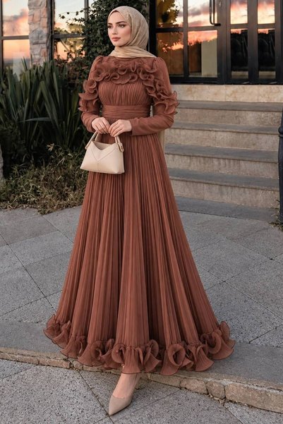 N.S NEVA STYLE Sparkling Brown Ruffled Pleated Hijab Evening Dress 55691Kh