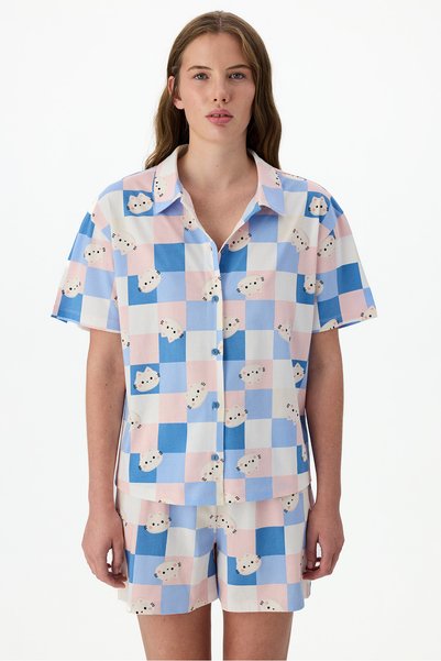 Penti Cuteness Dama Desenli Pamuklu Kısa Kollu Düğmeli Gömlek Şort Pijama Takımı