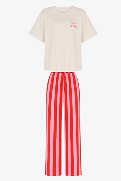 Penti Mercan Rengi Lazy Pamuklu Çizgili Kısa Kollu Pantolon Pijama Takımı