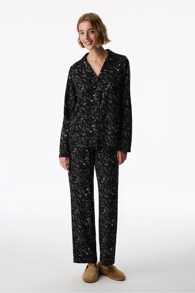 Penti Siyah Midnight Garden Çiçekli Uzun Kollu Düğmeli Gömlek Pantolon Pijama...