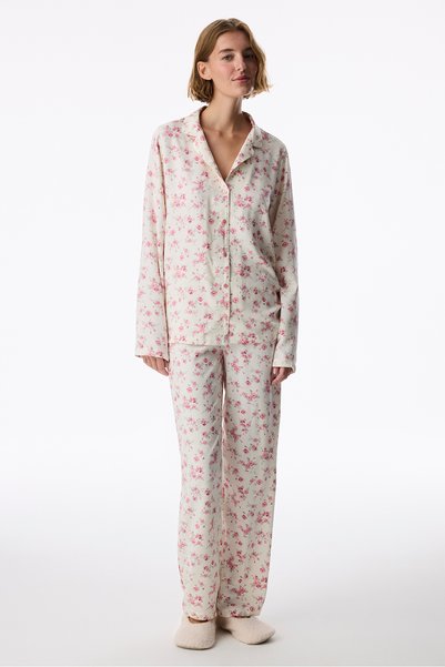 Penti Ecru Blush Garden Floral Long Sleeve Buttoned Shirt Trousers Pajama Set