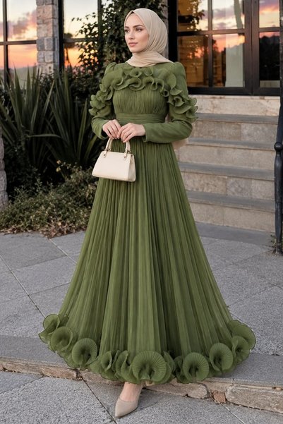 N.S NEVA STYLE Ruffle Detailed Khaki Hijab Evening Dress 55691Hk