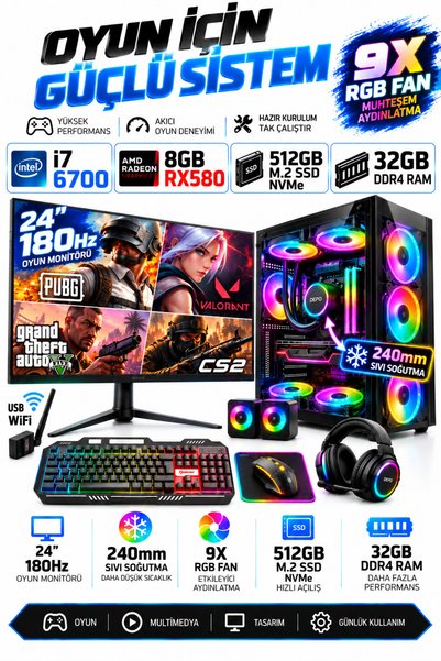 Dmc N304 (PUBG,GTA 5) I7 6700,32gb,512gb Nvme M.2 Ssd,8gb Rx580,24" 180hz Sıv...