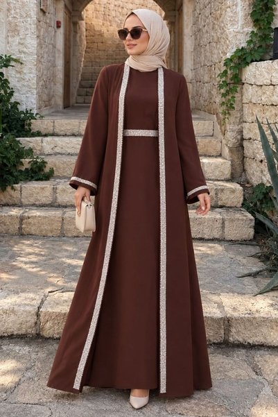 N.S NEVA STYLE Brown Hijab Two-Piece Suit with Dress 76852Kh