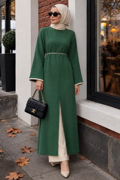 N.S NEVA STYLE Green Hijab Double Set with Slit Detail 76112Y