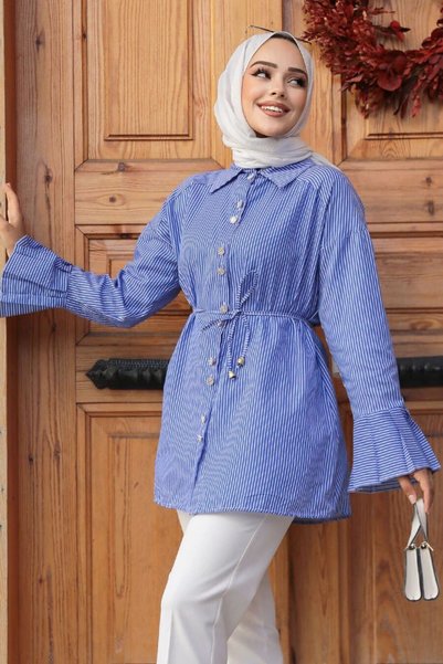 Neva Style Indigo Striped Hijab Tunic - 12056im