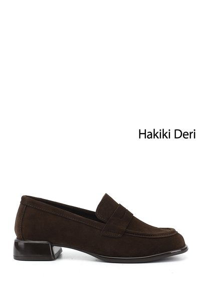 GÖNDERİ(R) Women's Brown Suede Thick Heeled Genuine Leather Loafer Shoes
