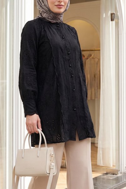 HİJABAYA Lace Collar and Sleeves, Top Buttons, Draped Pearls, Hijab Lined Shi...