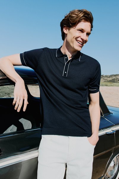 Morven Men's Navy Blue Trendy Polo Collar Jacquard Knitwear T-Shirt