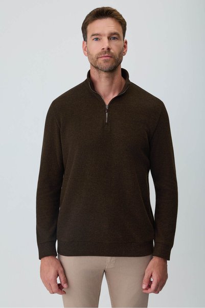 Morven Men's Brown Zippered Bato Collar Dynamic Fit Sweatshirt