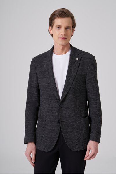 Morven Men's Black Wool Trendy Patterned Slim Fit Mono Collar Jacket