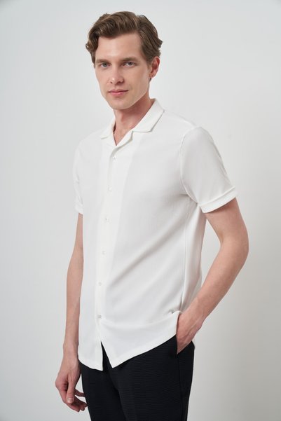 Morven Men's Ecru Trendy Caped Collar Short Sleeve Shirt