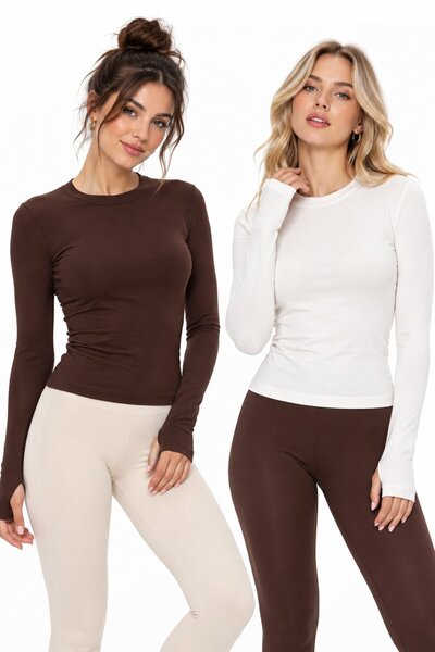 Saade Brown-Ecru Women's Crew Neck Finger Loop Long Sleeve Body/Blouse - Pack...