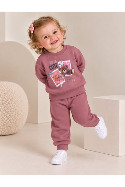 SEENJOB KİDS Simit Yaka Cute Printed Sweatshirt/Elastic Waist Sweatpants 3-St...