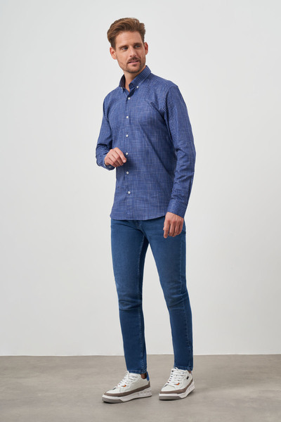 Morven Men's Navy Blue Cotton Printed Patterned Buttoned Collar Slim Fit Shirt