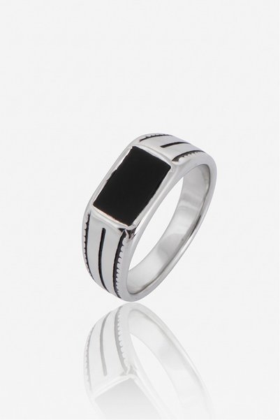 Crupt Studio Striped Black Marcasite Stone 316L Steel Men's Ring