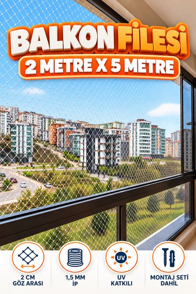 KONAK FİLE 2 METRE x 5 METRE Balkon Kuş Koruma Önleme Engelleme Filesi Güvenlik Güvenliği Koruması Filesi Ağı