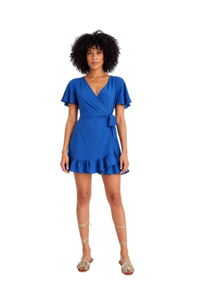 Ocoza VS-1043 Rochie mini albastru perlat, cu decolteu în V, mâneci cu volane...