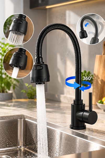 KUSTAR 2 FONKSİYONLU SPİRALLİ 360 DERECE DÖNER BORULU TAM SİYAH ASUR BANYO LA...